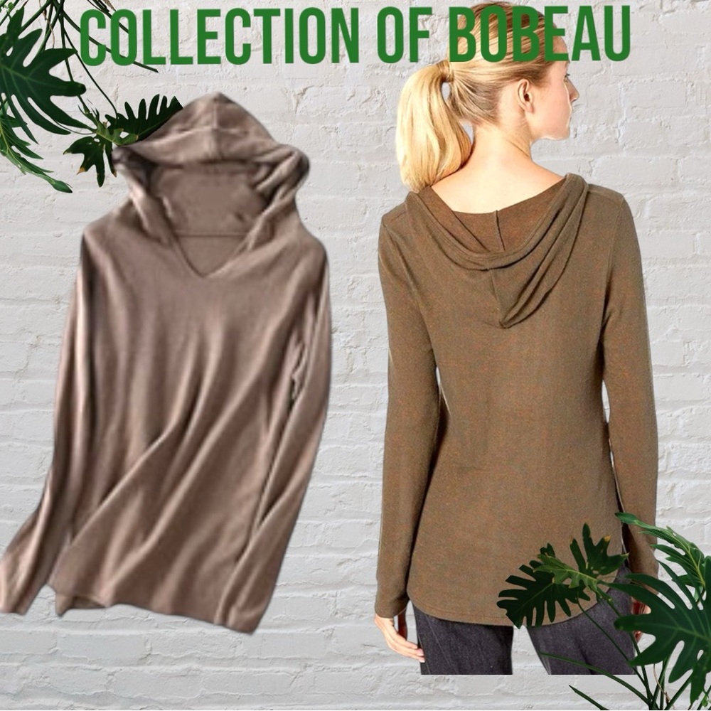 🌻 BOBEAU LIGHTWEIGHT LONG SLEEVE HOODIE V NECK AND TAUPE NUBBY FABRIC SIZE:S
